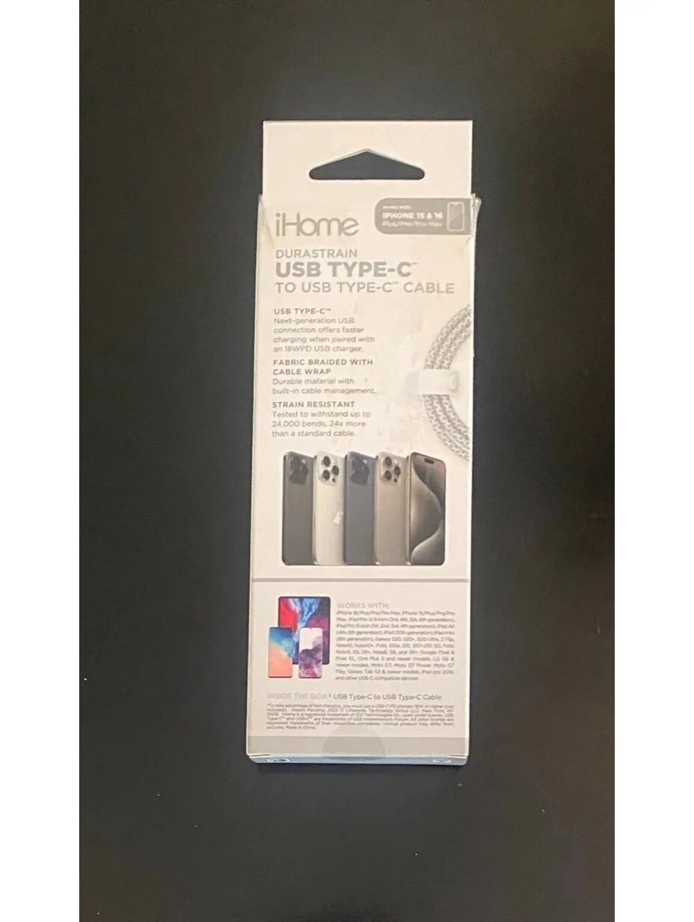 IHOME 6ft USB-C to USB-C Cable Nylon Braided with Cable Wrap While